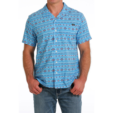 Cinch Men's Tribal Print Short Sleeve Camp Shirt - Blue Aztec Blue