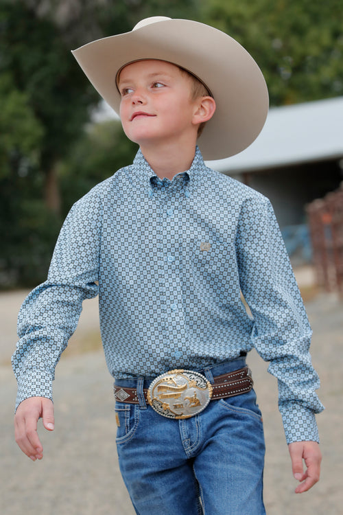 Cinch Boy's Geometric Print Button-Down Western Shirt - Light Blue - (MTW7060351) Light Blue