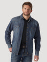 Men's Wrangler Retro Long Sleeve Blue Denim Western Shirt In Blue Denim Denim