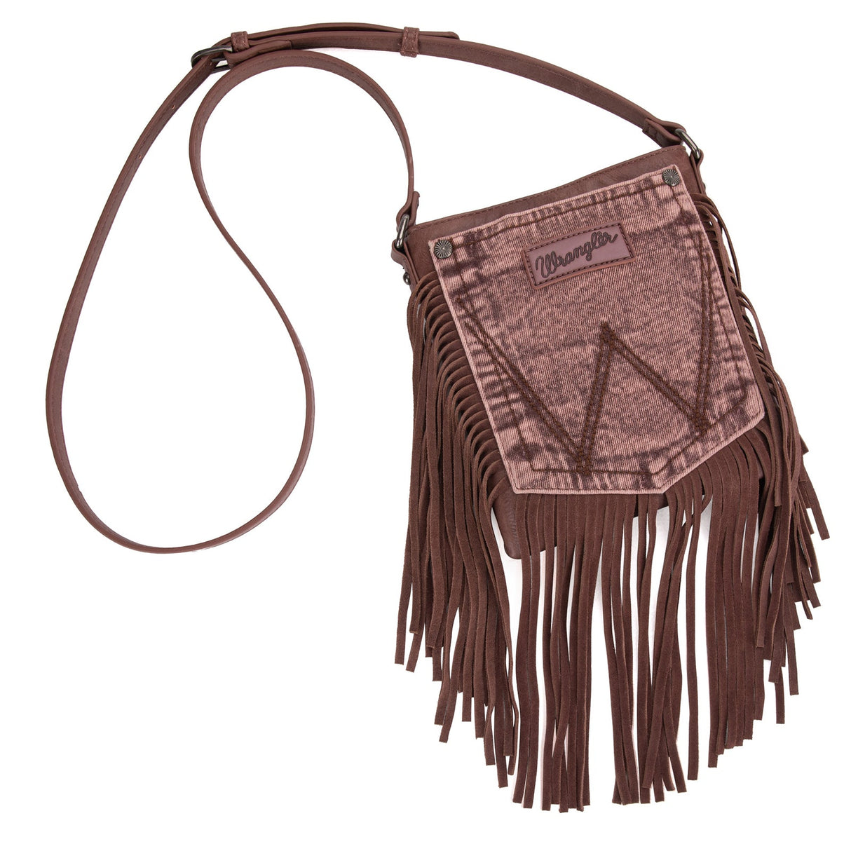 Wrangler Leather Fringe Jean Denim Pocket Crossbody