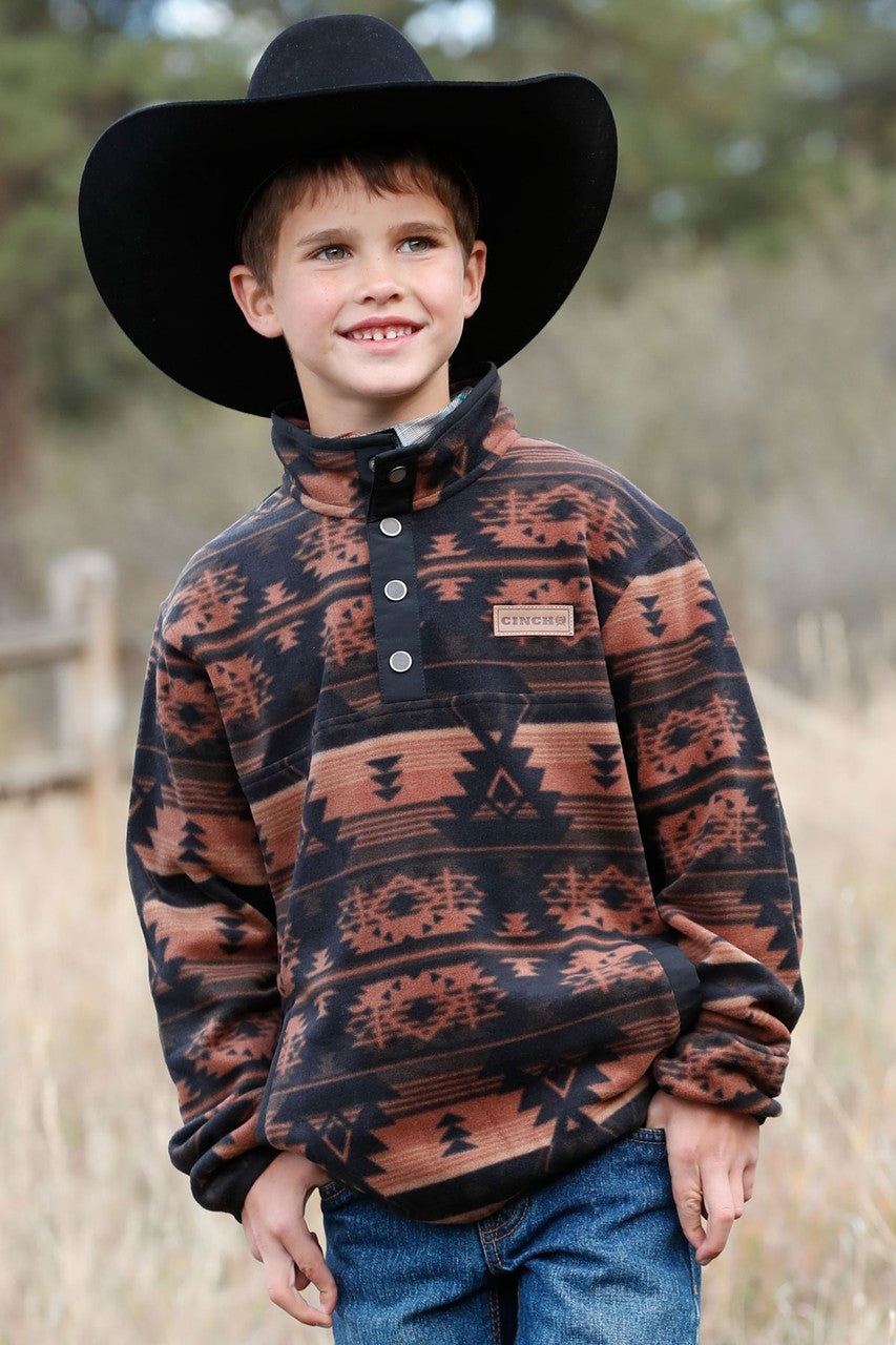 Cinch Boy's Print Polar Fleece Pullover - Black & Brown Aztec Black / Brown