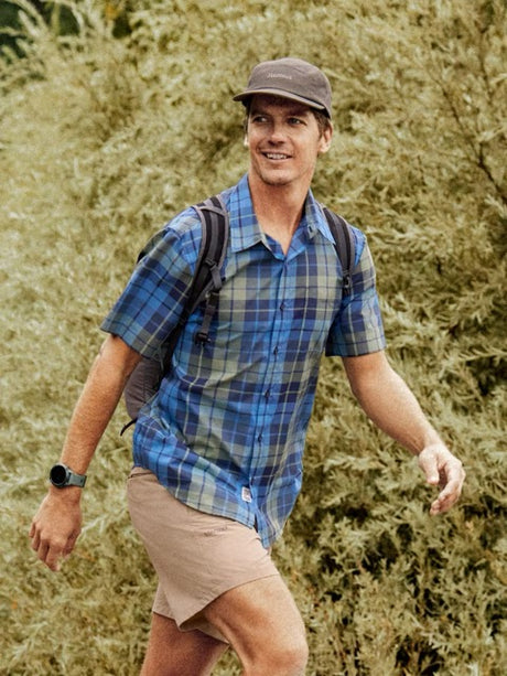 Marmot Mens AirExchange Novelty Short Sleeve Collared Shirt UPF 40 - Arctic Navy Wayland Plaid