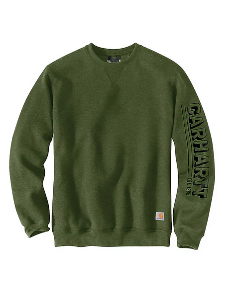 Carhartt Men's Loose Fit Midweight Crewneck Logo Sleeve Graphic Sweatshirt Chive Heather /  / REG