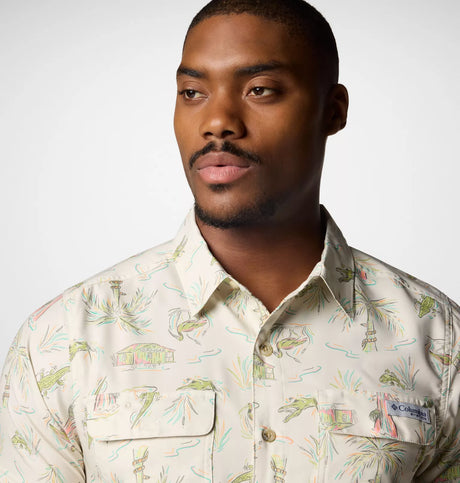 Columbia Mens PFG Uncharted Printed Short Sleeve Shirt - Stone Everglades