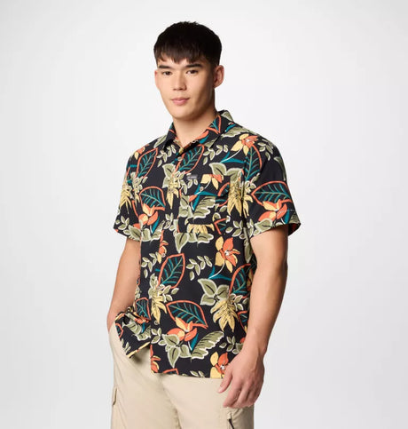 Columbia Mens Tech Trail Utility Printed Woven Short Sleeve Shirt - Black Pasteled