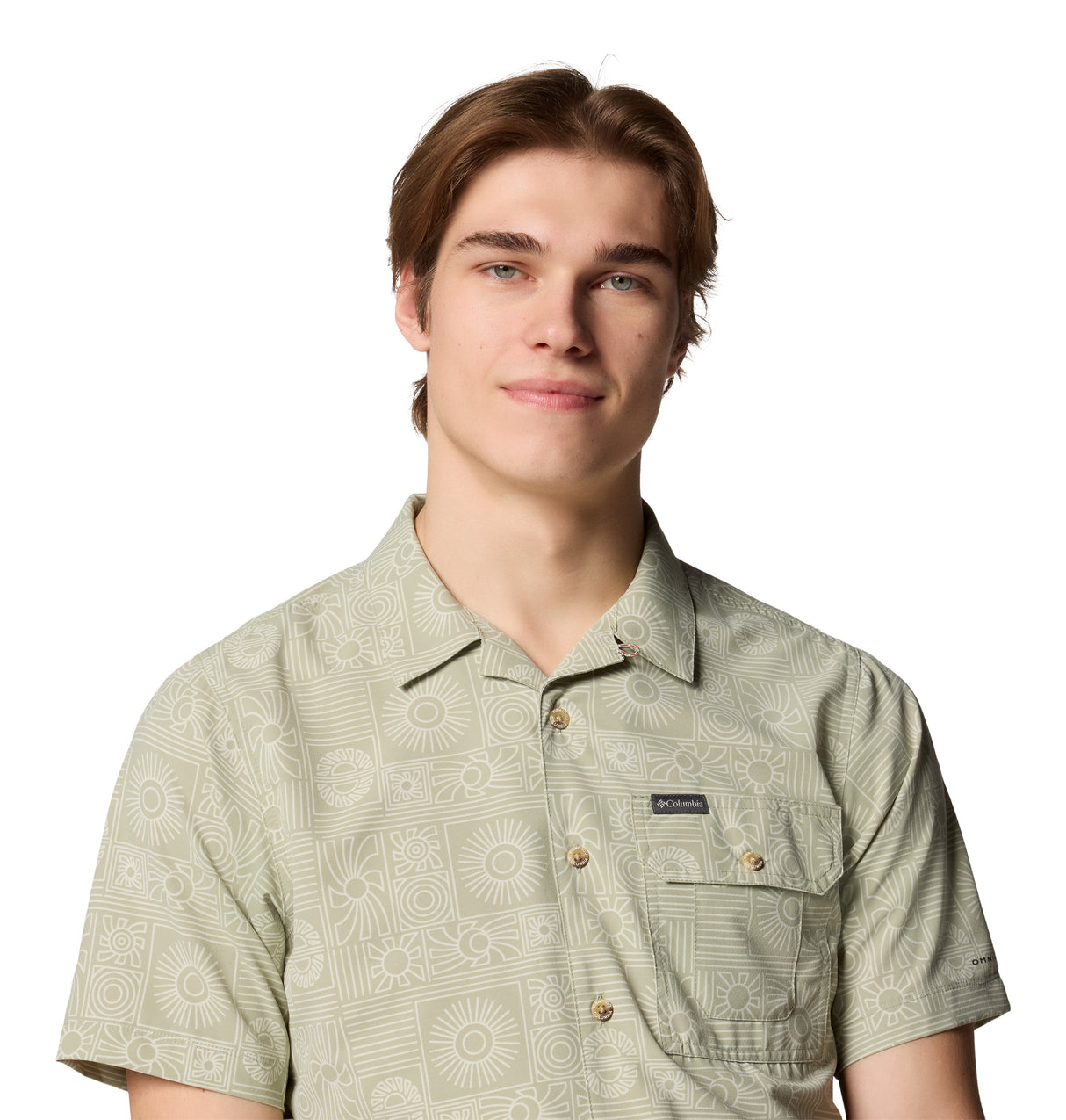 Columbia Mens Tech Trail Utility Printed Woven Short Sleeve Shirt - Safari Blazing Trails