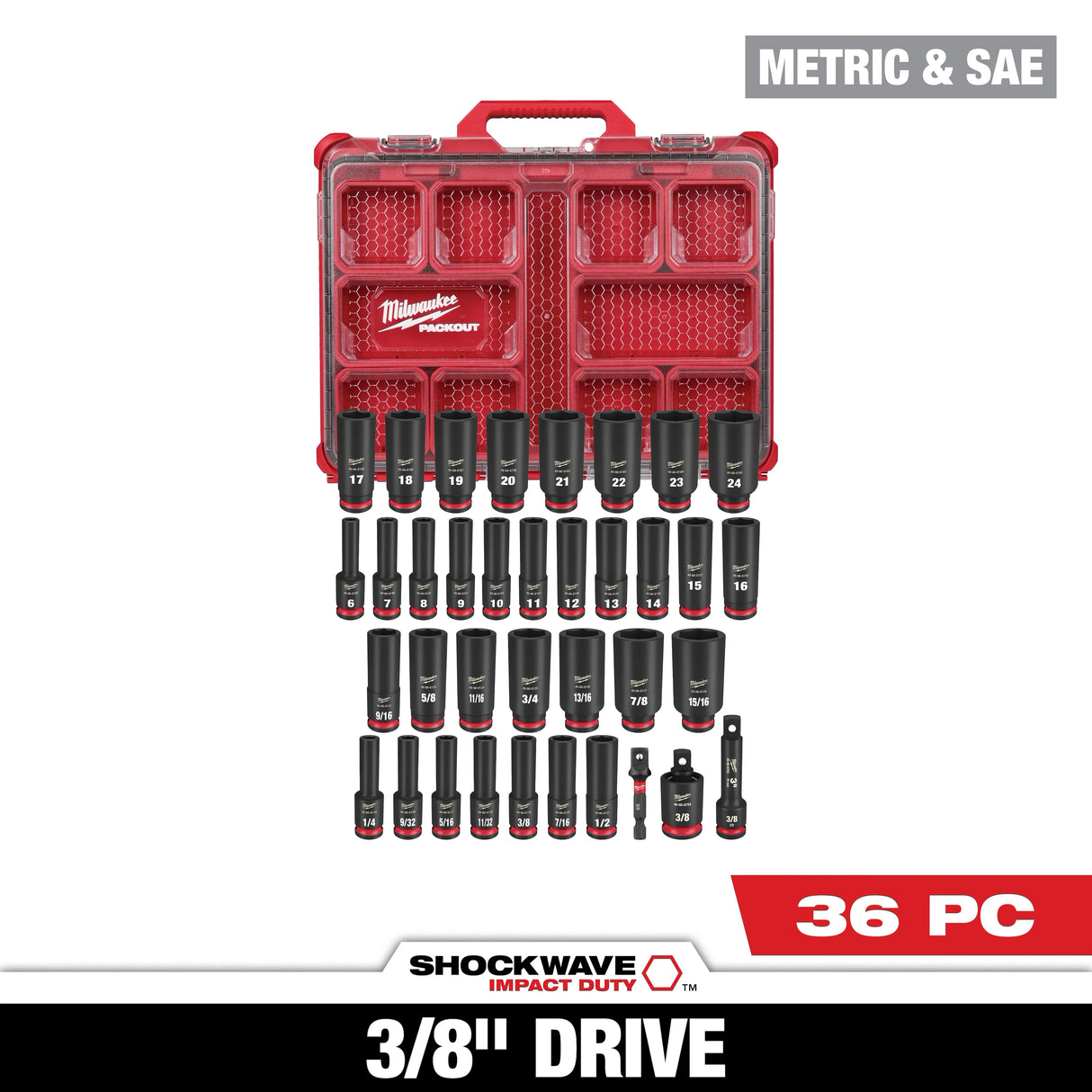 Milwaukee Tool Shockwave Impact Duty Socket 3/8 In. Dr 36pc Packout Set