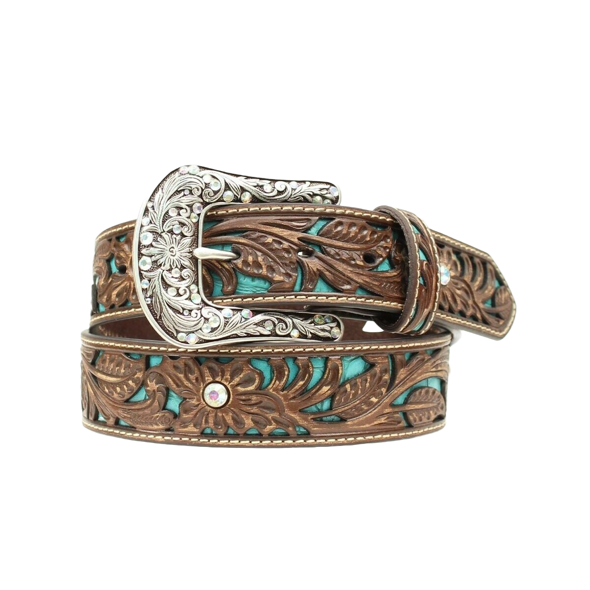 Ariat Womens Floral Tooled Turquoise Inlay Leather Belt Brown & Teal /  / 1-1/2 in.