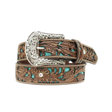 Ariat Womens Floral Tooled Turquoise Inlay Leather Belt Brown & Teal /  / 1-1/2 in.