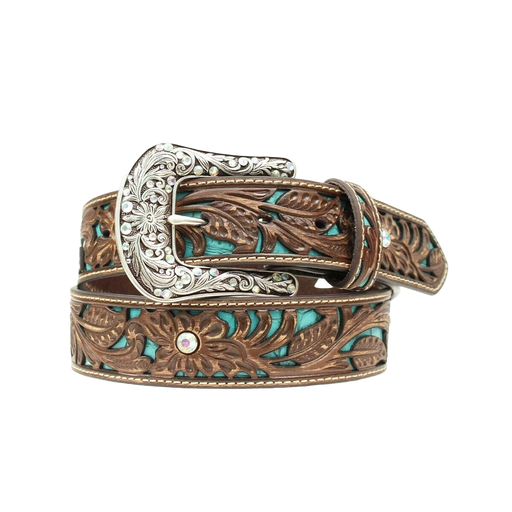 Ariat Womens Floral Tooled Turquoise Inlay Leather Belt Brown & Teal /  / 1-1/2 in.