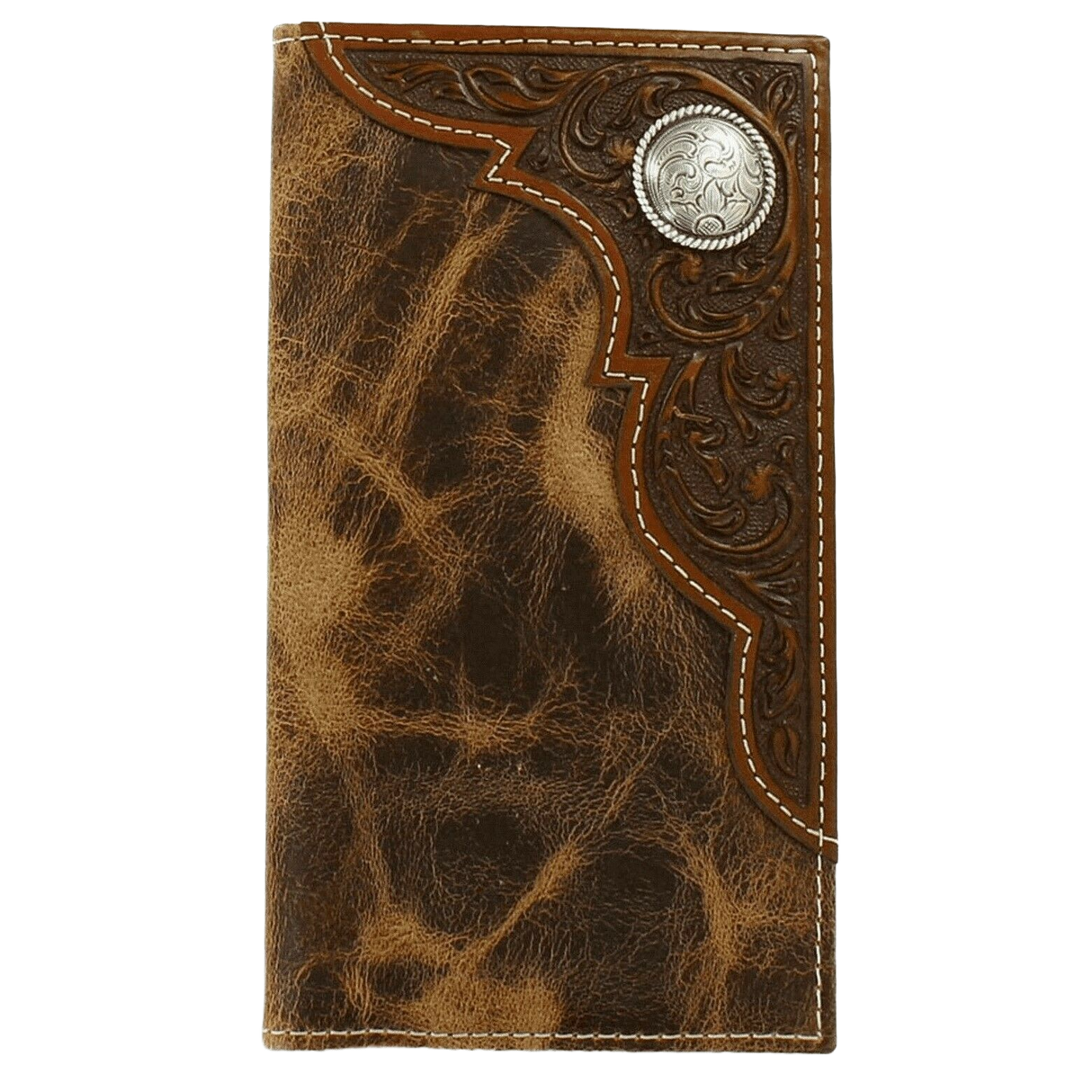 Ariat Distressed Corner Tooled Overlay Bifold Rodeo Leather Wallet with Concho Multi Brown / Rodeo Bifold