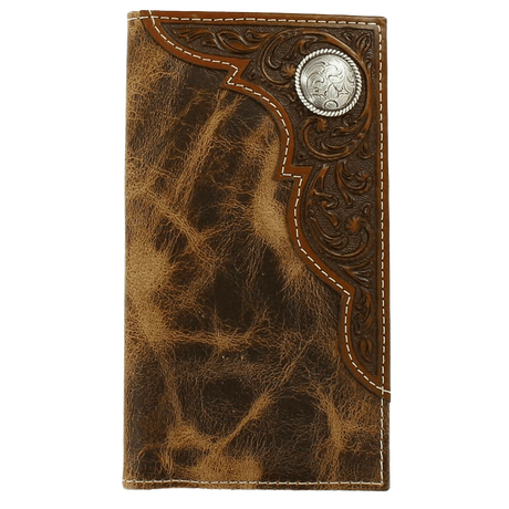 Ariat Distressed Corner Tooled Overlay Bifold Rodeo Leather Wallet with Concho Multi Brown / Rodeo Bifold