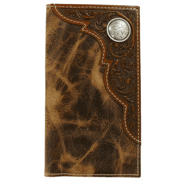 Ariat Distressed Corner Tooled Overlay Bifold Rodeo Leather Wallet with Concho Multi Brown / Rodeo Bifold