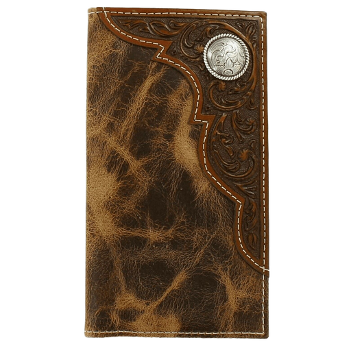 Ariat Distressed Corner Tooled Overlay Bifold Rodeo Leather Wallet with Concho Multi Brown / Rodeo Bifold