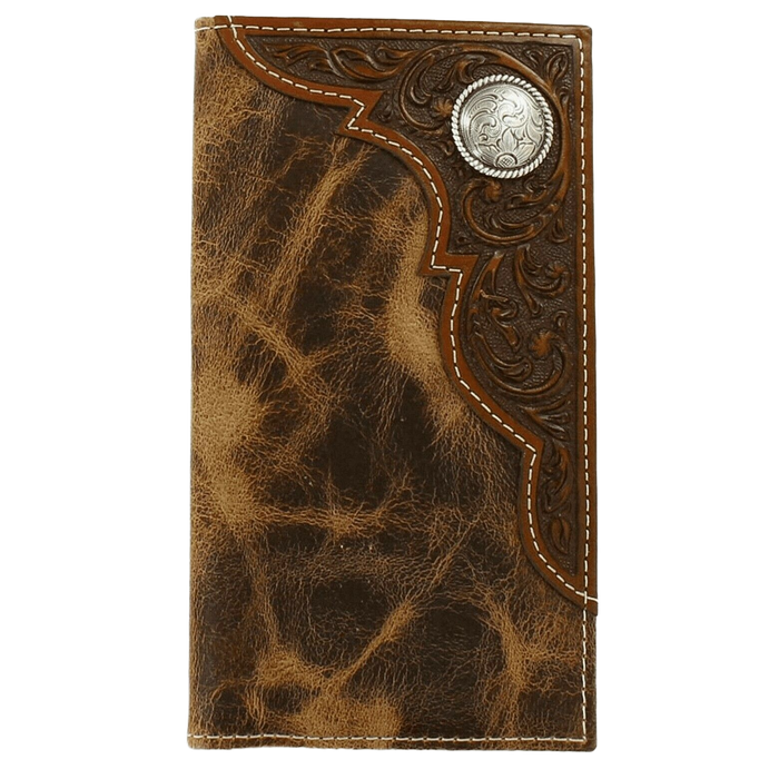 Ariat Distressed Corner Tooled Overlay Bifold Rodeo Leather Wallet with Concho Multi Brown / Rodeo Bifold