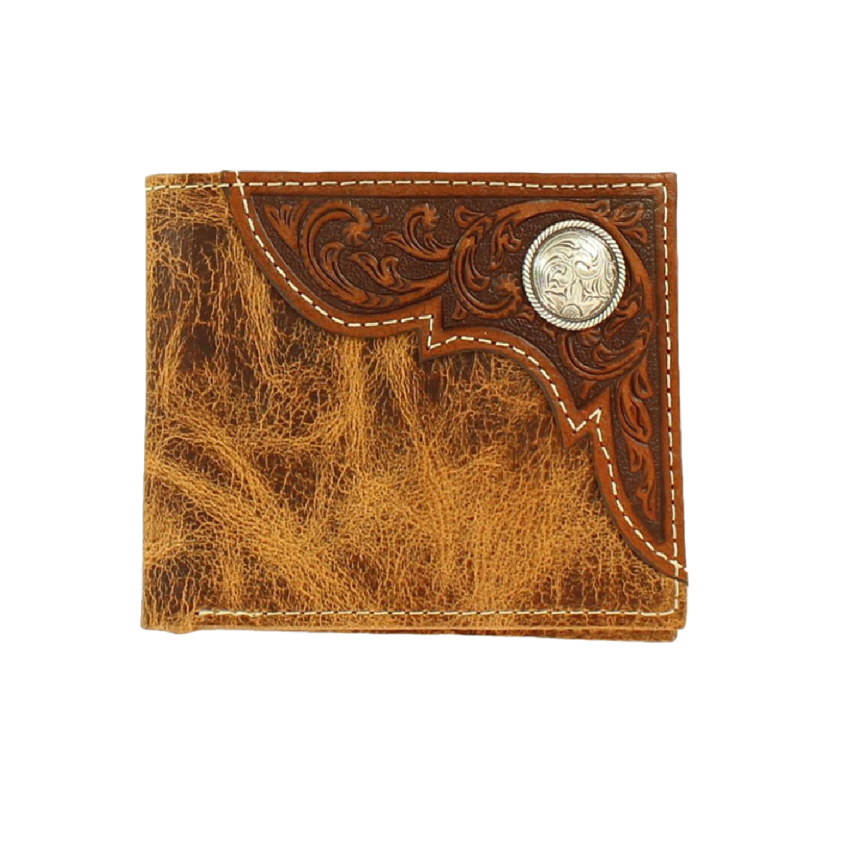 Ariat Distressed Corner Tooled Overlay Leather Bifold Wallet with Concho Multi Brown / Bifold