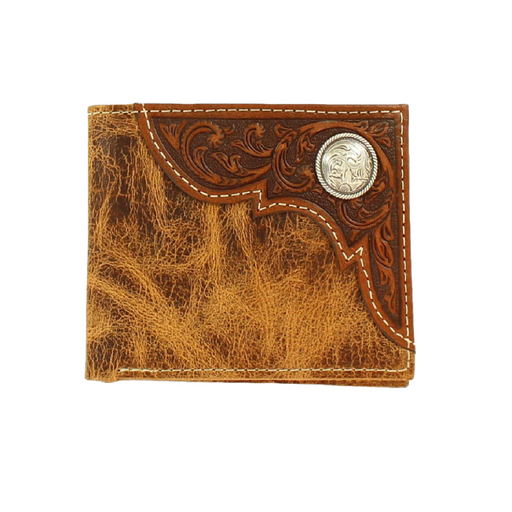 Ariat Distressed Corner Tooled Overlay Leather Bifold Wallet with Concho Multi Brown / Bifold