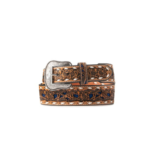 Nocona Mens Floral Tooled with Blue Inlay & White Lace Tapered Leather Belt Brown / Multi / 32