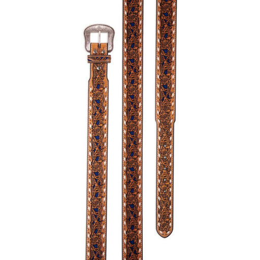 Nocona Mens Floral Tooled with Blue Inlay & White Lace Tapered Leather Belt Brown / Multi / 34
