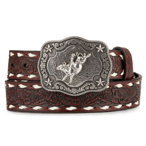 Nocona Boys Floral Tooled Lacing Leather Belt with Bull Rider Buckle Brown / 18