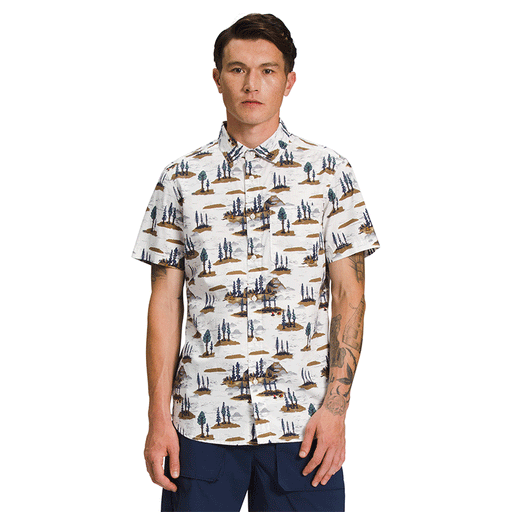 THE NORTH FACE Men’s Short-Sleeve Baytrail Pattern Shirt Gardenia White Camping Scenic Print