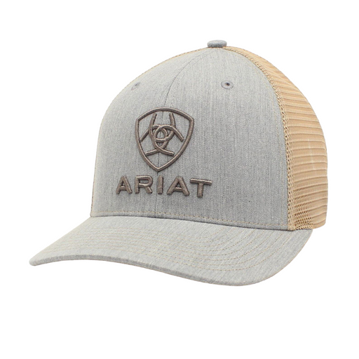Ariat Embroidered Shield Logo Mesh Snapback Hat - Chambray Light Grey Chambray / Tan
