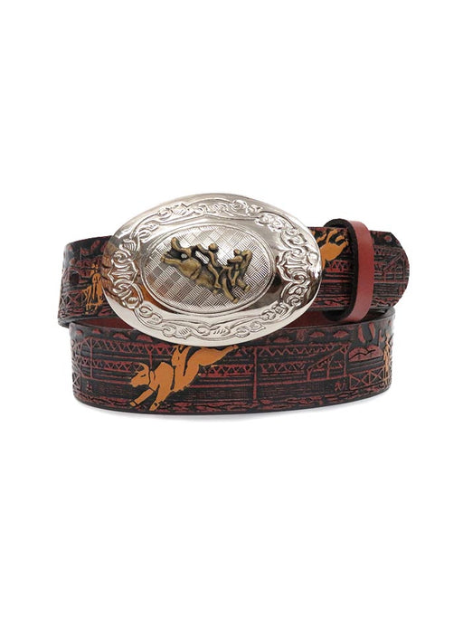 Nocona Boys Rodeo Printed Leather Belt with Bull Rider Buckle Brown / 18