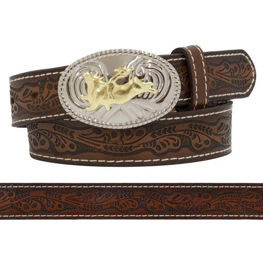 Nocona Boys Embossed Leather Belt with Bull rider Buckle Brown / 18