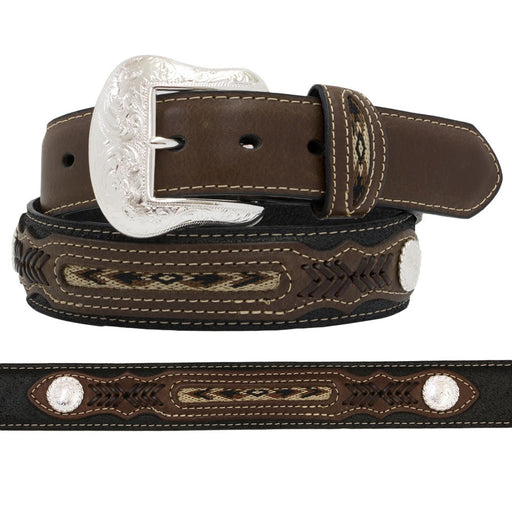 Nocona Mens Fabric Inlay and Conchos Leather Belt Black / Brown / 28