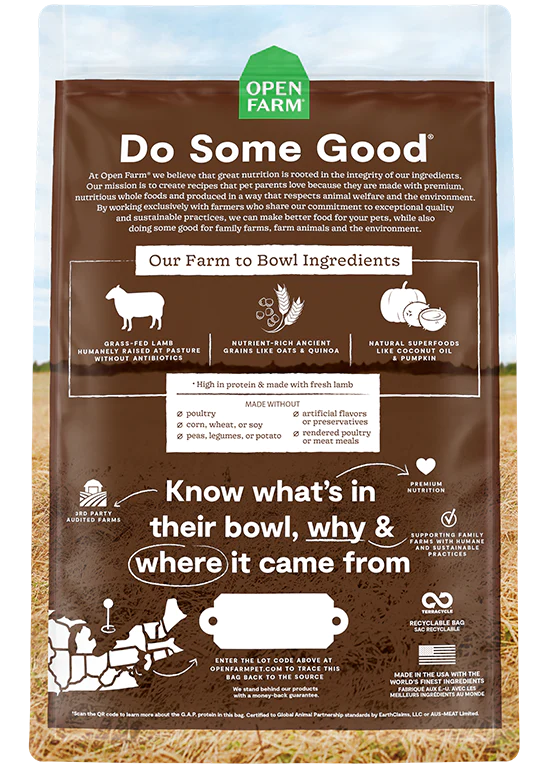 Open Farm Pasture-Raised Lamb & Ancient Grains Dry Dog Food - (11LB & 22LB)