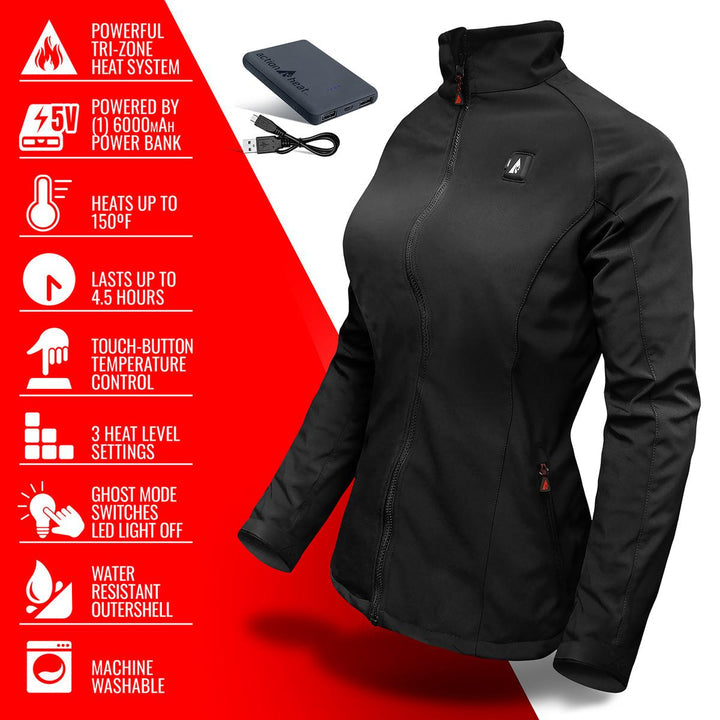 Action Heat Women's 5V Battery Heated Softshell Jacket - Black Black