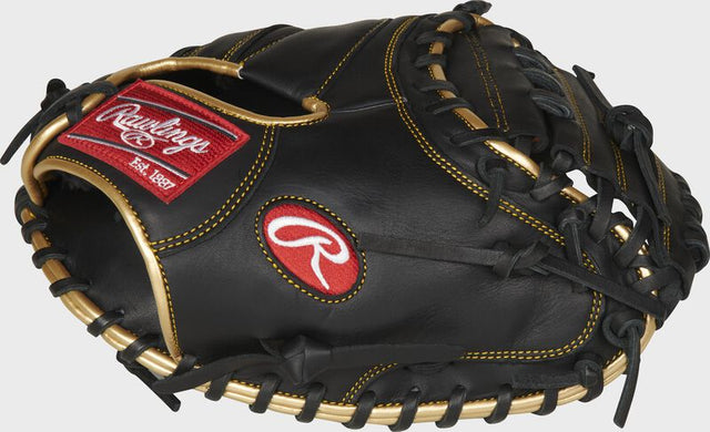 RAWLINGS R9 Series 32.5In Baseball Catcher`s Mitt RH Black gold