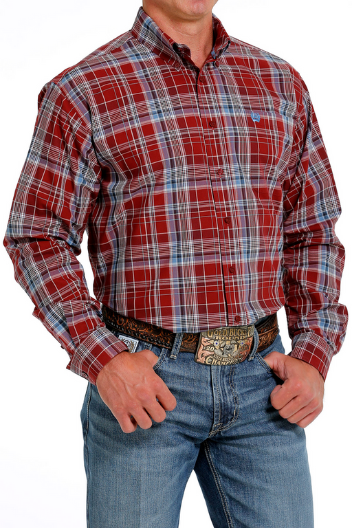 Cinch Men's Plaid Button-Down Long Sleeve Western Shirt - Red & Blue Red