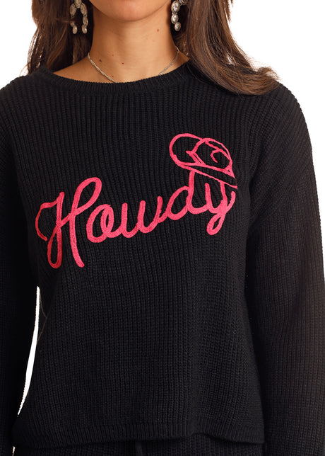 Rock & Roll Denim Range Howdy Long Sleeve Knit Sweater - Black