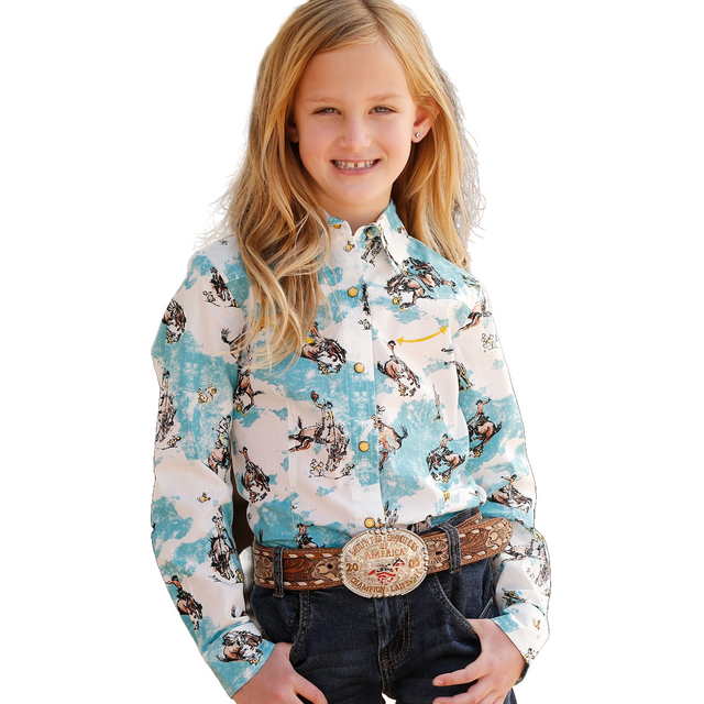 Cruel Girl Girl's Western Print Long Sleeve Snap Shirt - Blue Bronco Blue Bronco