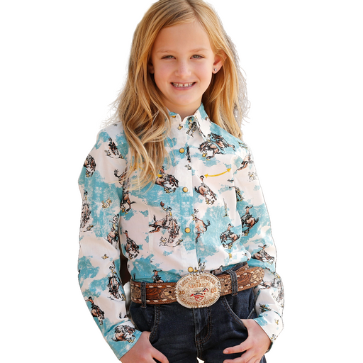 Cruel Girl Girl's Western Print Long Sleeve Snap Shirt - Blue Bronco Blue Bronco