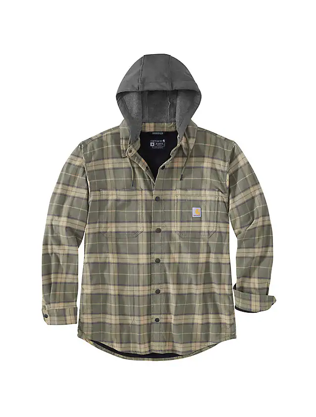 Carhartt Rugged Flex Relaxed Fit Flannel Fleece-Lined Hooded Shirt Jacket - Dusty Olive