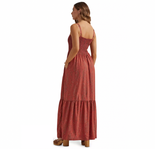 Wrangler Womens Retro Boot Stitch Print Smocked Maxi Dress - Paprika