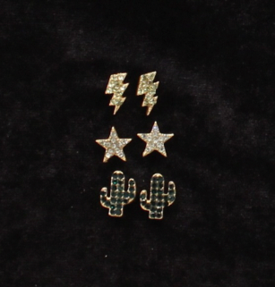 Silver Strike 3 Pair Western Stud Earring Set - Cactus, Star &amp; Lighting Bolt