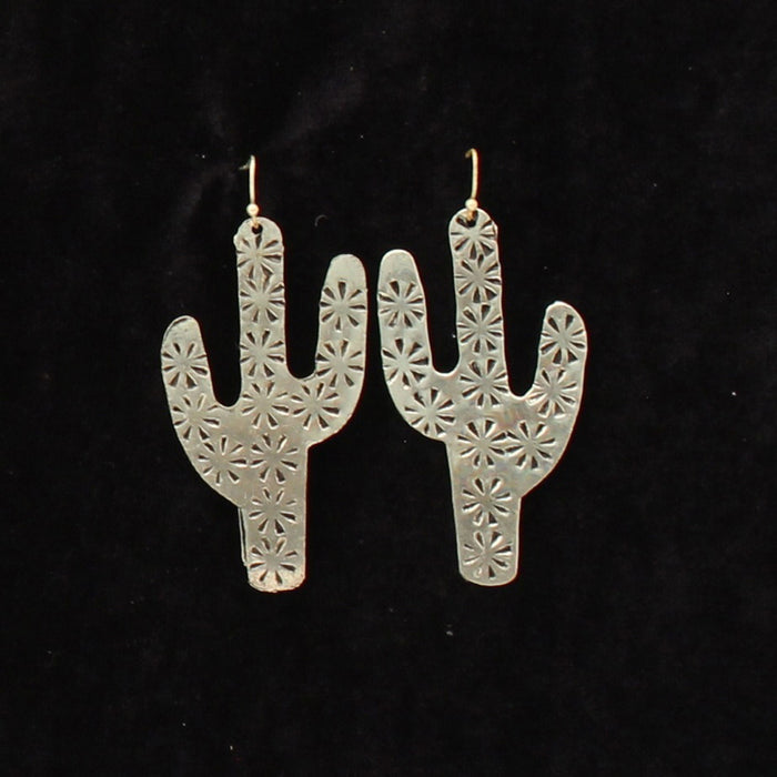Silver Strike Etched Cactus Western Earrings - Silver Silver