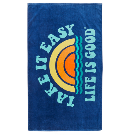 Life Is Good Take It Easy Rainbow Waves Beach Towel - Darkest Blue Darkest Blue