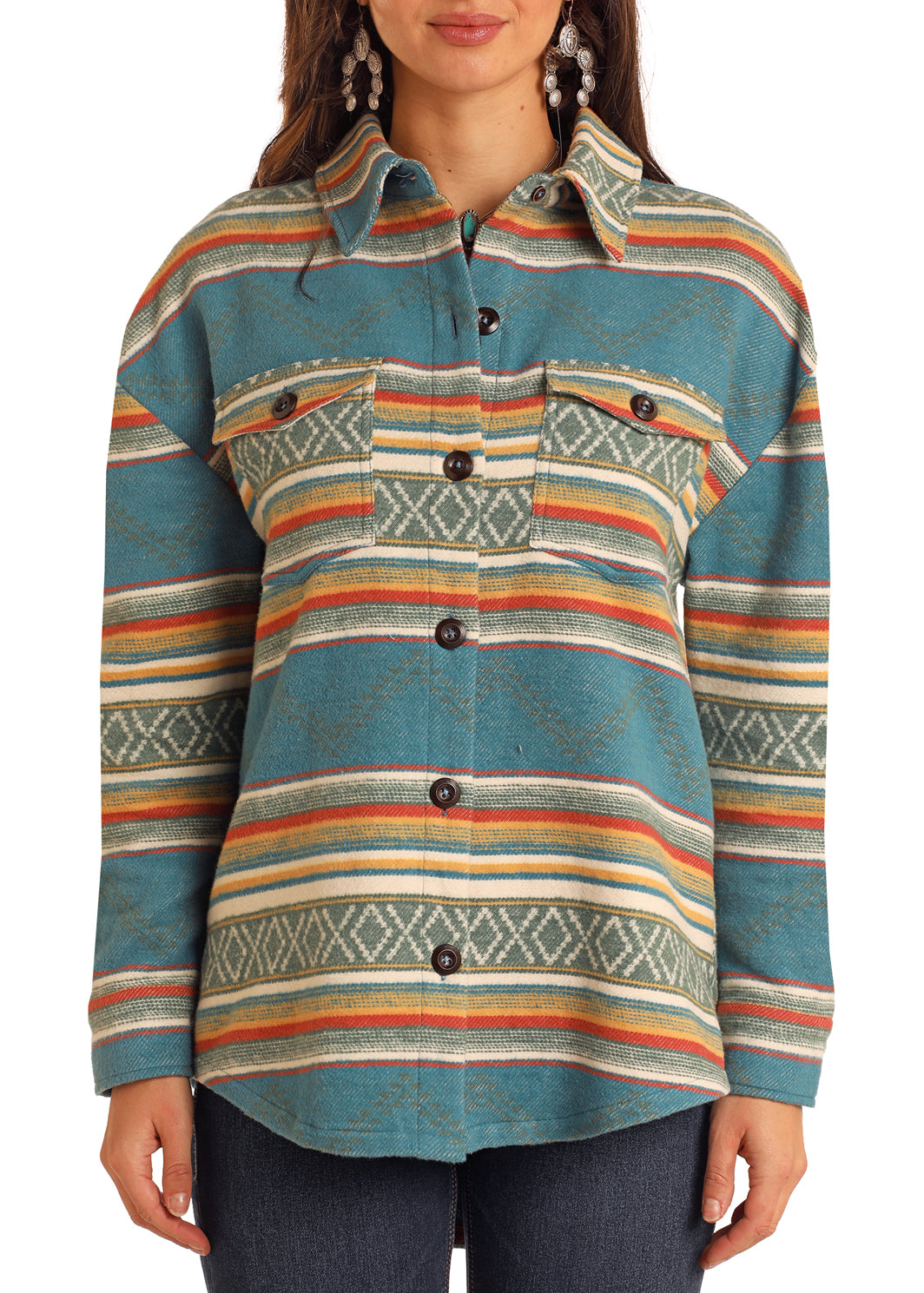 Rock & Roll Denim Aztec Shacket - Jade