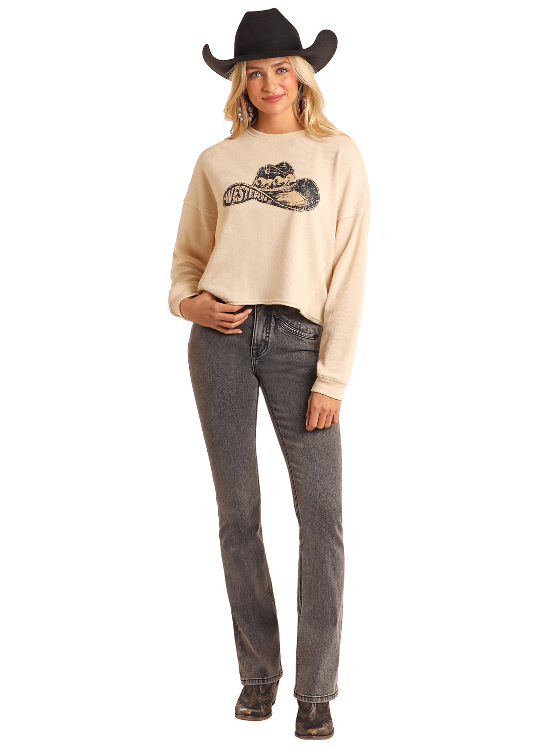 Rock & Roll Denim Western Cropped Pullover - Cream