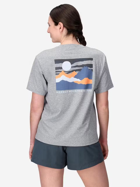 Womens Marmot Mountain Works Sunset Short Sleeve T-Shirt - Grey Heather Grey Heather