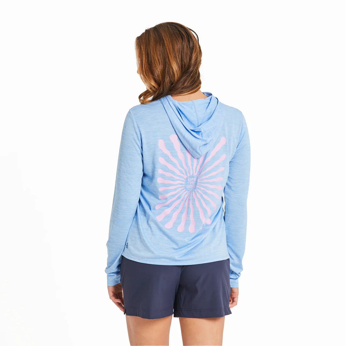 Life Is Good Womens Radiating Sun Long Sleeve Sun Crusher Hoodie - Cornflower Blue