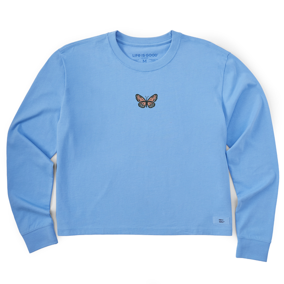 Life Is Good Women's Clean Butterfly Long-Sleeve Boxy Crusher Tee - Cornflower Blue Cornflower Blue