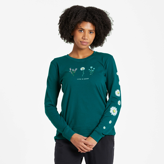 Life Is Good Women's Detailed Wildflowers Long Sleeve Crusher Tee Mallard green