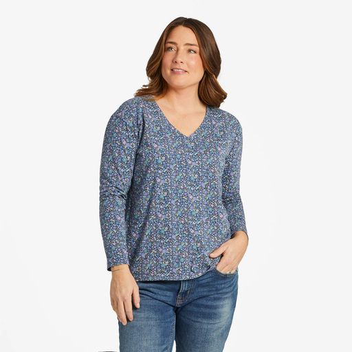 Life Is Good Women's Ditsy Floral Pattern Long-Sleeve Crusher-LITE Easy Vee - Darkest Blue Darkest Blue