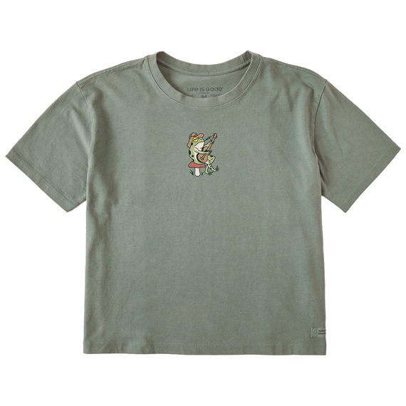 Life Is Good Women's Groovy Frog Guitar Boxy Crusher Short-Sleeve Shirt - Moss Green Moss Green