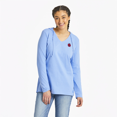 Life Is Good Women's Little Lady Bug Love Long-Sleeve Striped Crusher-LITE Hooded Tee - Cornflower Blue Cornflower Blue